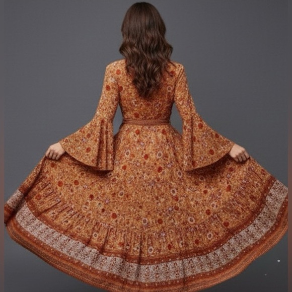 Boho Floral Print Bell Sleeve Tie Front Wrap Dress - Picture 4 of 13